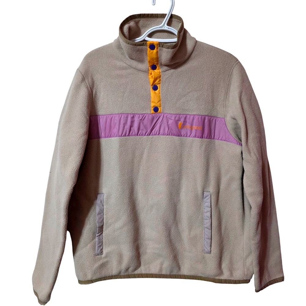 Cotopaxi Women L Teca Fleece Pullover Beige Purple Snap Neck Hiking Outdoor